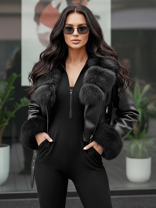 Women's Leather Jacket - Black OZONEE JS/61M8511/392AZ