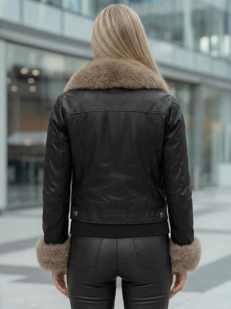 Women's Leather Jacket - Black-Beige OZONEE JS/61M8513/392B