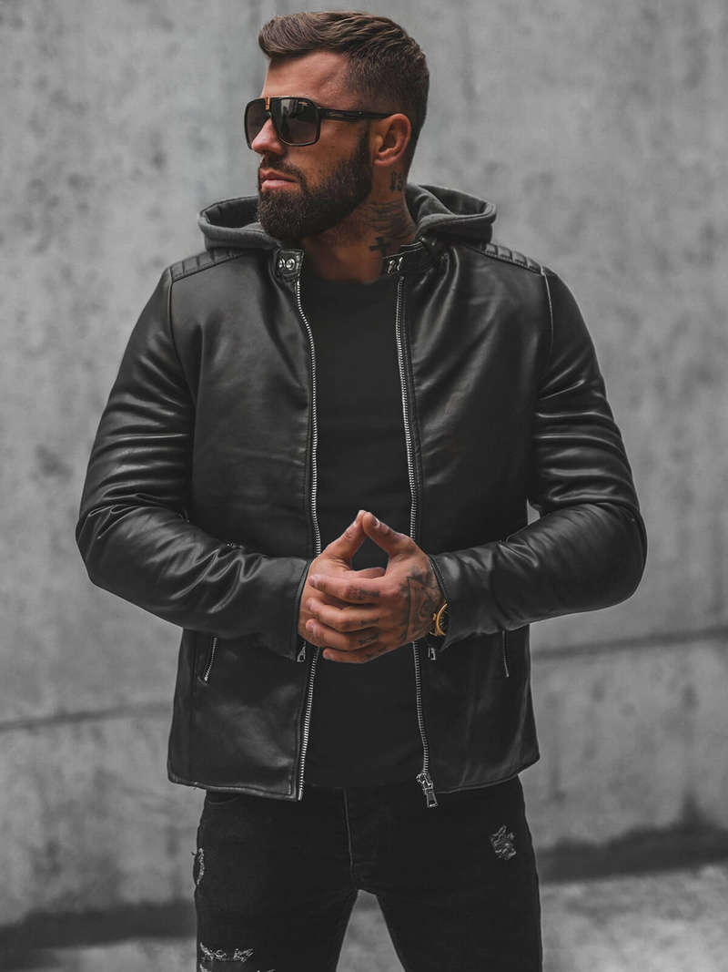 Men's Leather Jacket - Black OZONEE JS/11Z8012Z