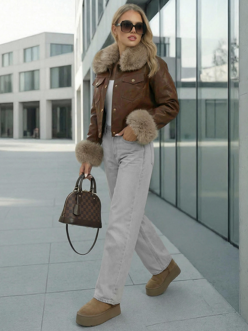 Women's Leather Jacket - Chocolate OZONEE JS/61M8513/158