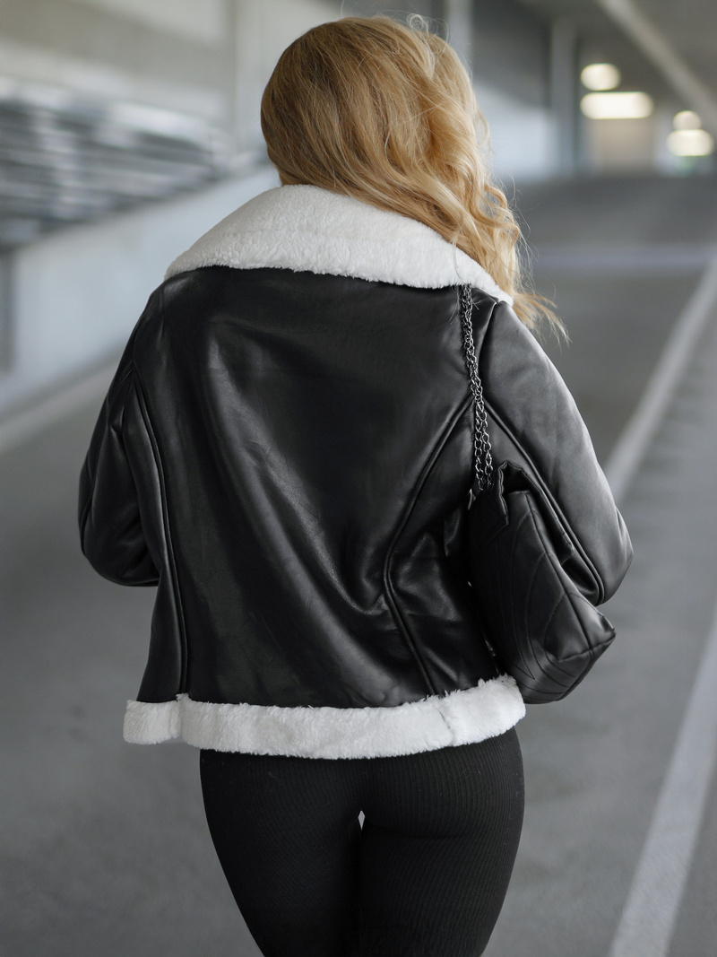 Women's Leather Jacket - Black/White OZONEE JS/11Z8177Z