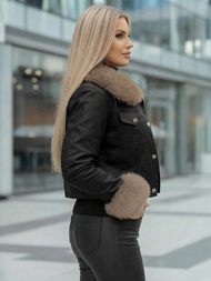 Women's Leather Jacket - Black-Beige OZONEE JS/61M8513/392B