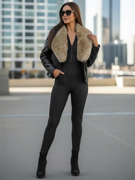 Women's Leather Jacket - Black-Beige OZONEE JS/61M8508/392BZ