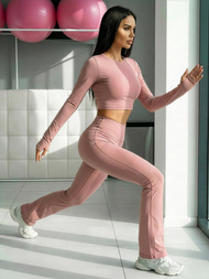 Women's leggings with wide legs - powder pink OZONEE JS/17K588/7Z