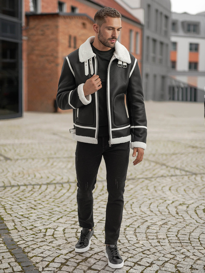 Men's Leather Jacket - Black OZONEE JS/11Z8270