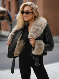 Women's Leather Jacket - Black-Beige OZONEE JS/61M8511/392B