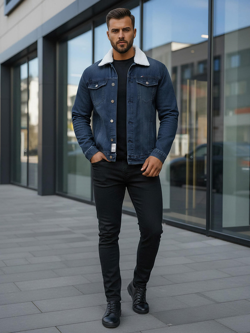 Men's Denim Jacket Sherpa Navy Blue OZONEE NB/MJ517BSZ