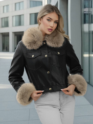 Women's Leather Jacket - Black-Beige OZONEE JS/61M8513/392B