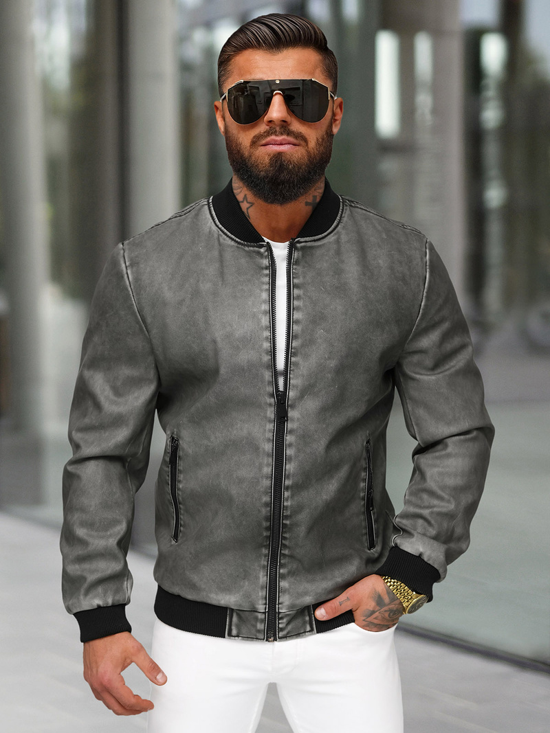 Men's Leather Jacket - Anthracite OZONEE JS/11Z8107