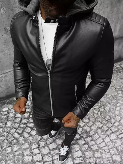 Men's Leather Jacket - Black OZONEE JS/11Z8012