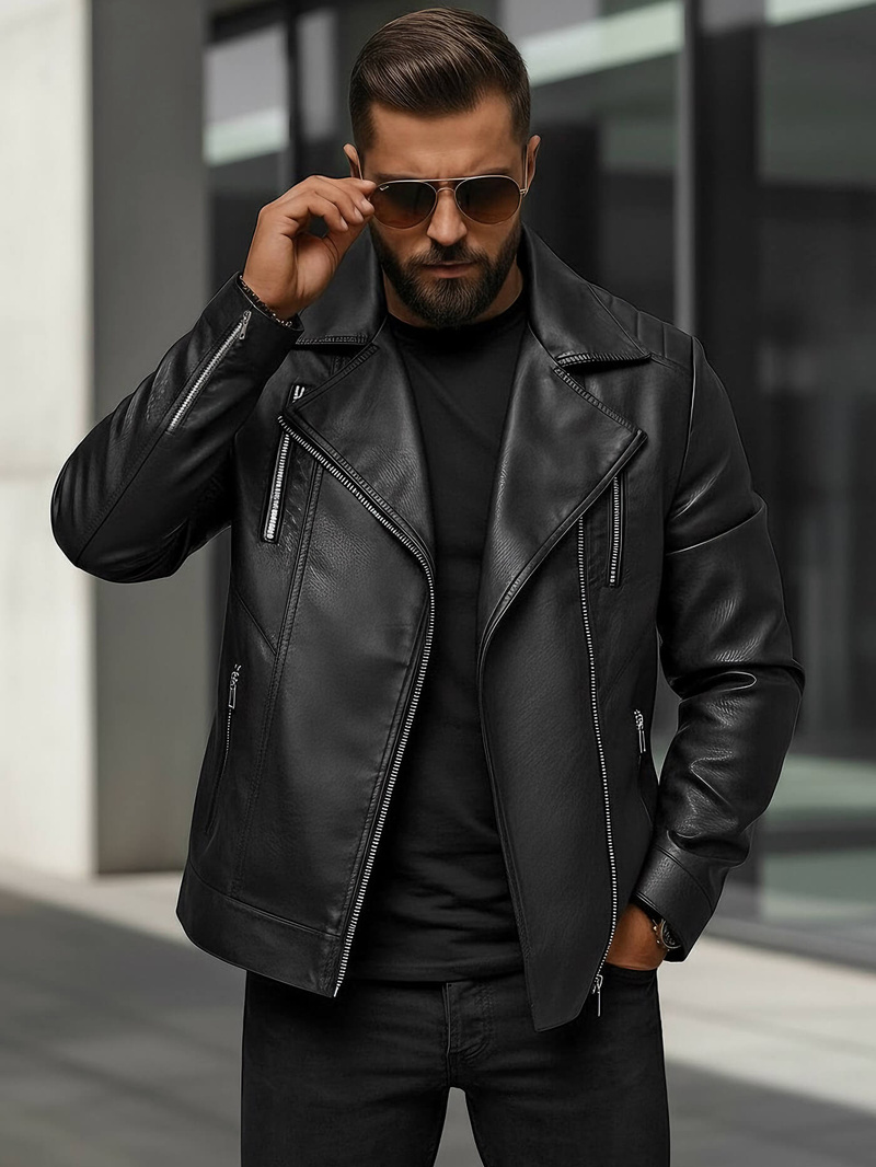Men's Leather Jacket - Black OZONEE JS/11Z8067Z