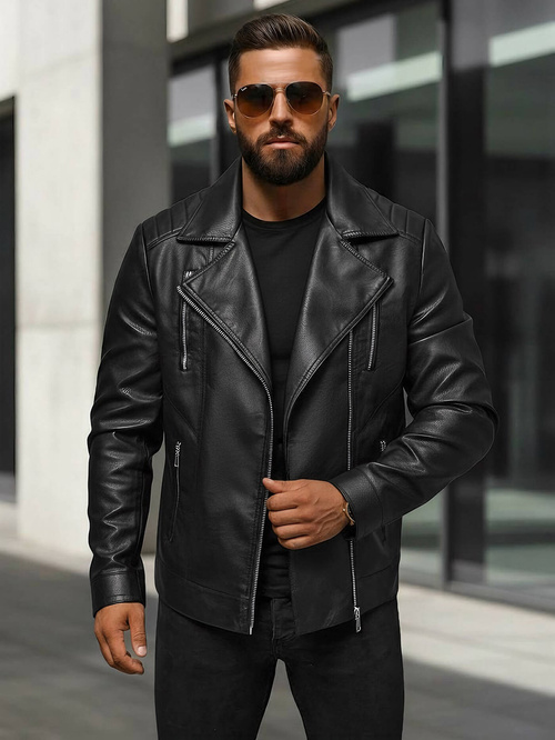 Men's Leather Jacket - Black OZONEE JS/11Z8067Z