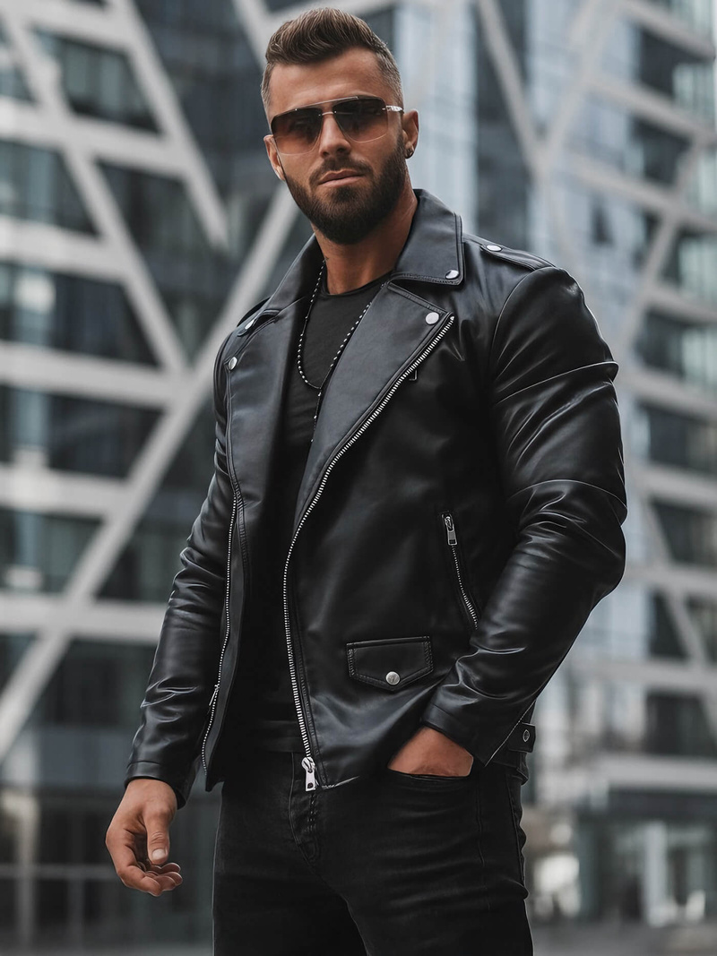 Men's Leather Jacket - Black OZONEE JS/11Z8014Z
