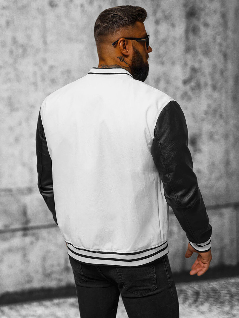 Men's Leather Jacket - White-Black OZONEE JS/11Z8068
