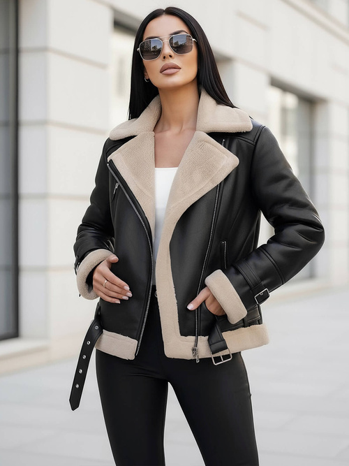 Women's Leather Jacket - Black-Beige OZONEE JS/11Z8177Z