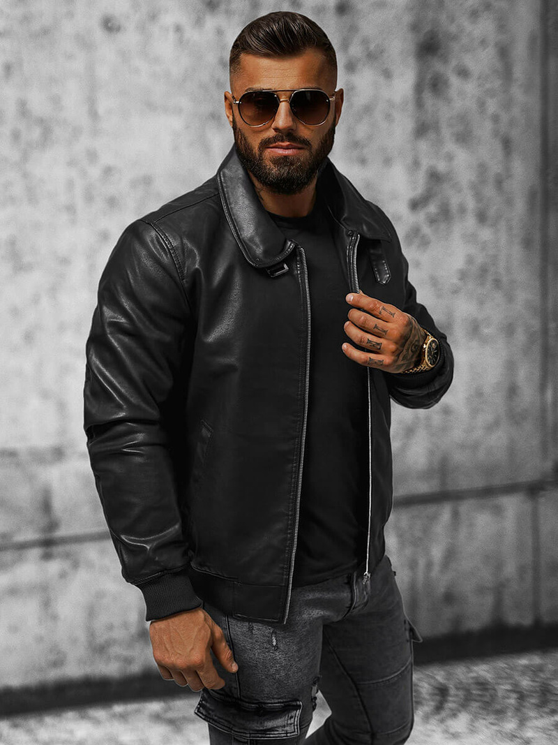Men's Leather Jacket - Black OZONEE JB/JP1178Z