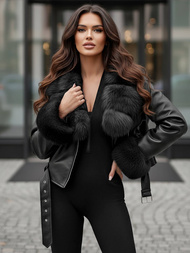 Women's Leather Jacket - Black OZONEE JS/61M8511/392AZ