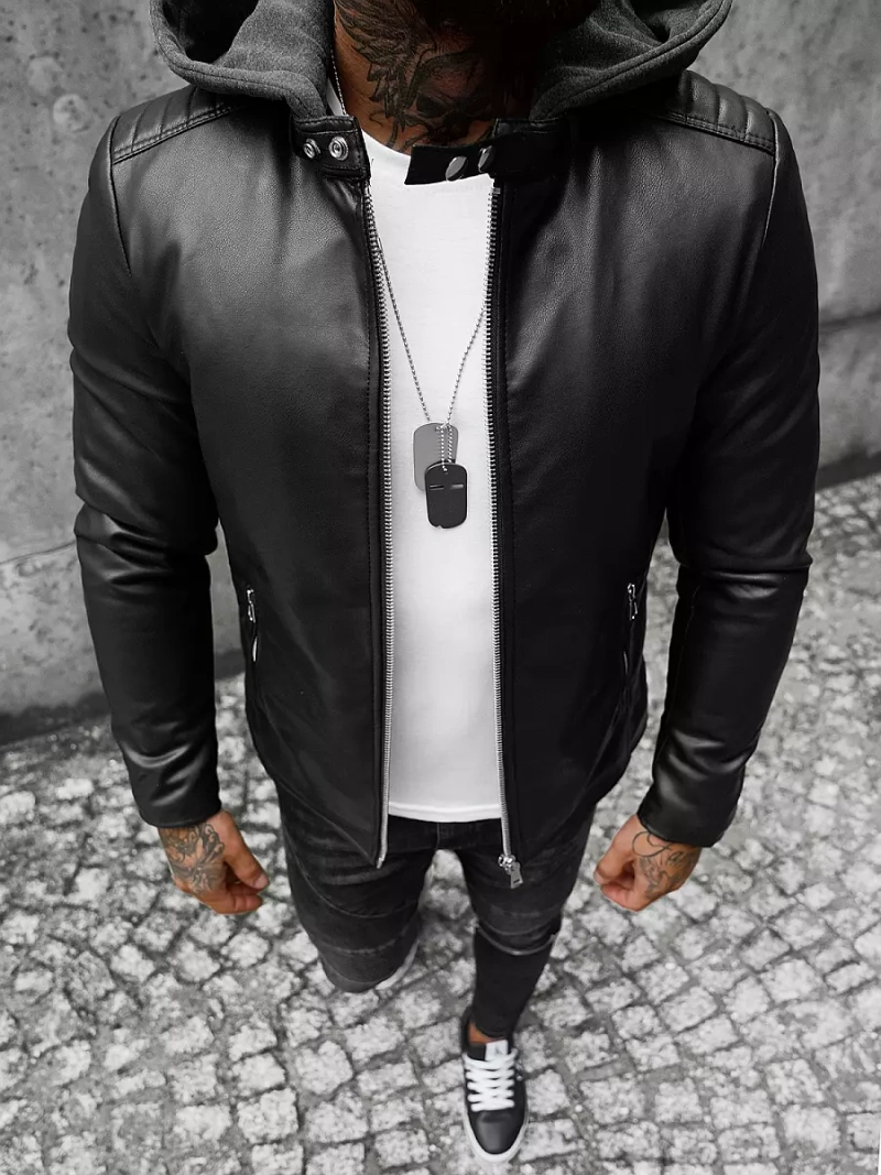 Men's Leather Jacket - Black OZONEE JS/11Z8012