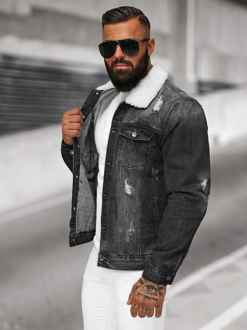 Men's Denim Jacket Sherpa Black OZONEE NB/MJ502NZ