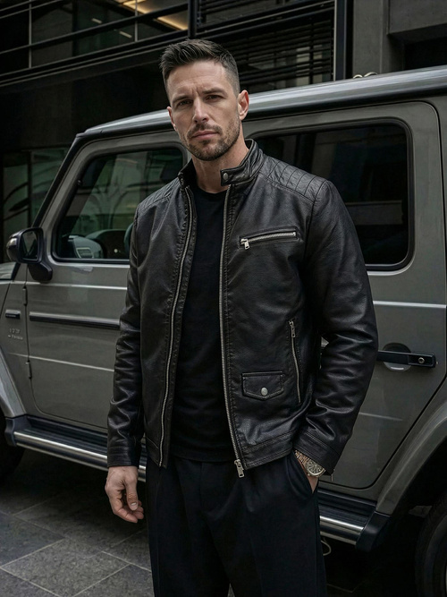 Men's Leather Jacket - Black OZONEE JS/11Z8021