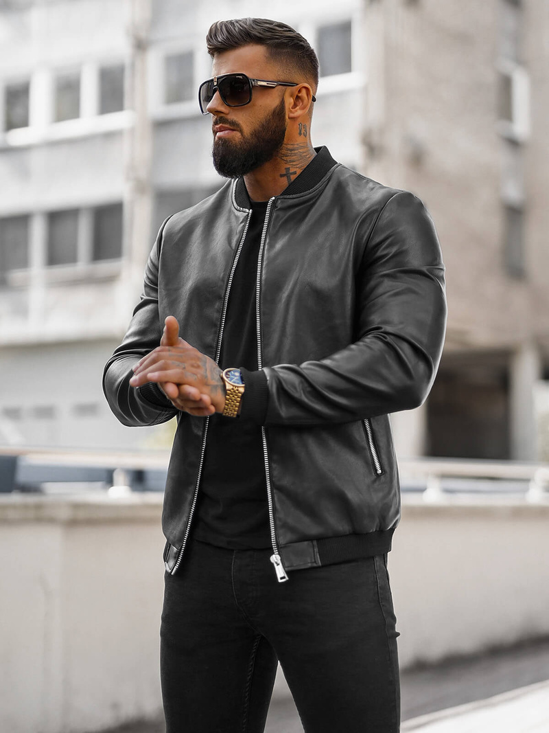 Men's Leather Jacket - Black OZONEE JS/11Z8106Z