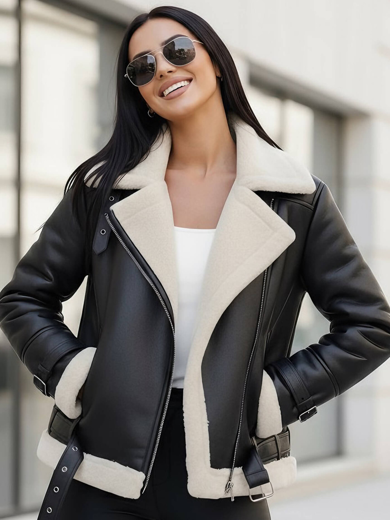Women's Leather Jacket - Black/White OZONEE JS/11Z8177Z