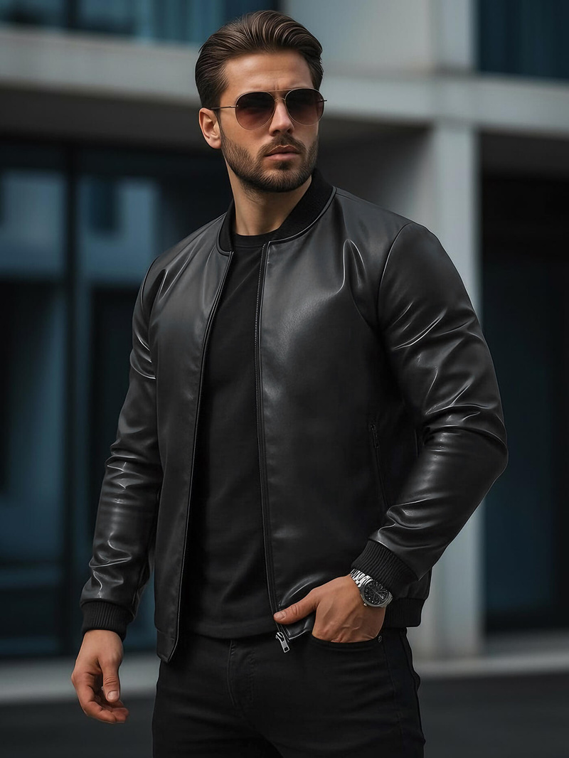 Men's Leather Jacket - Black OZONEE JS/11Z8015Z