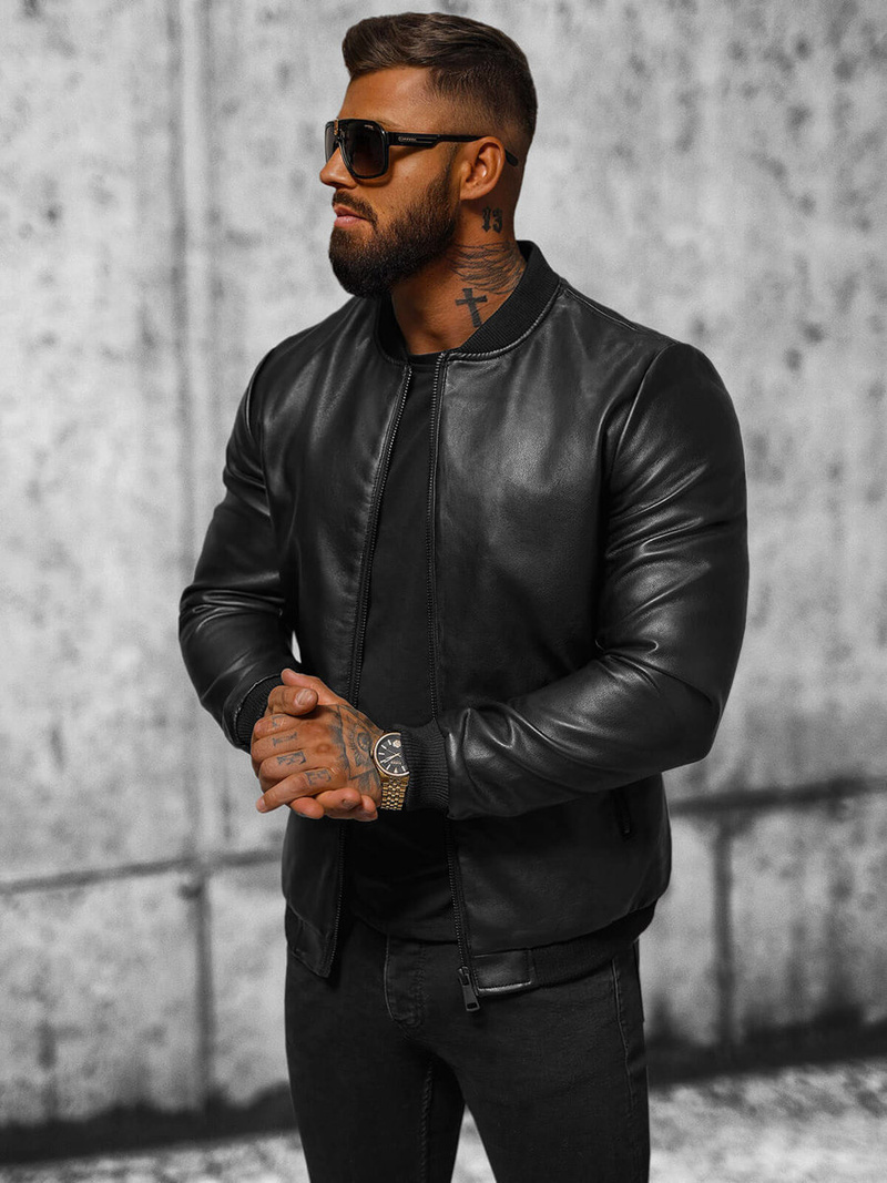 Men's Leather Jacket - Black OZONEE JS/11Z8107