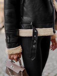 Women's Leather Jacket - Black-Beige OZONEE JS/11Z8177