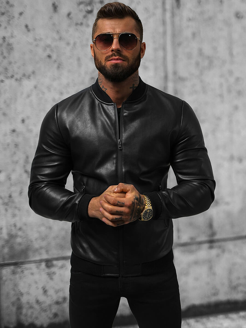 Men's Leather Jacket - Black OZONEE JS/11Z8015
