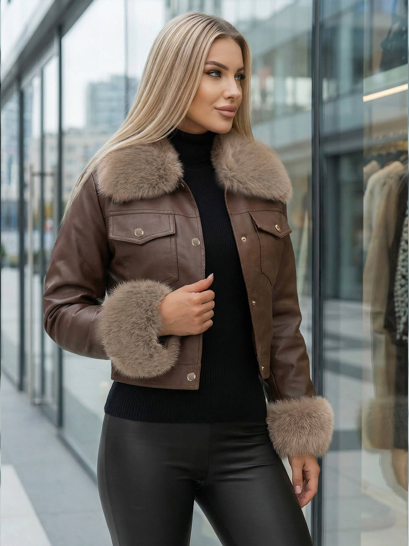 Women's Leather Jacket - Chocolate OZONEE JS/61M8513/158