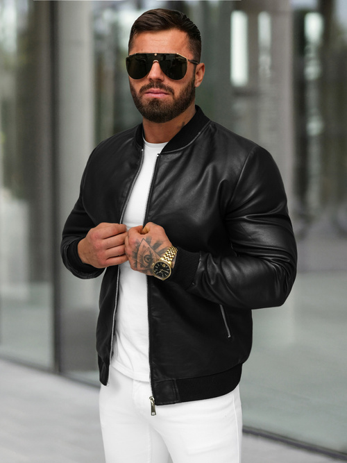 Men's Leather Jacket - Black OZONEE JS/11Z8107