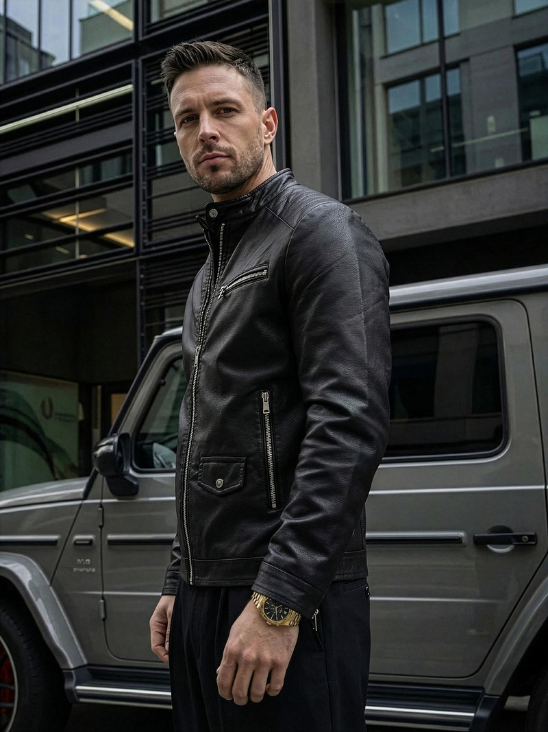 Men's Leather Jacket - Black OZONEE JS/11Z8021